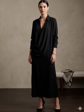 rag and bone Black Draped V-Neck Button-Down Blouse